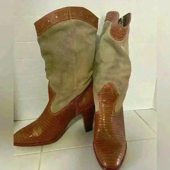 Shoes - Two-Tone Women's High Heel Boots Size 7 M Brown Leather TF